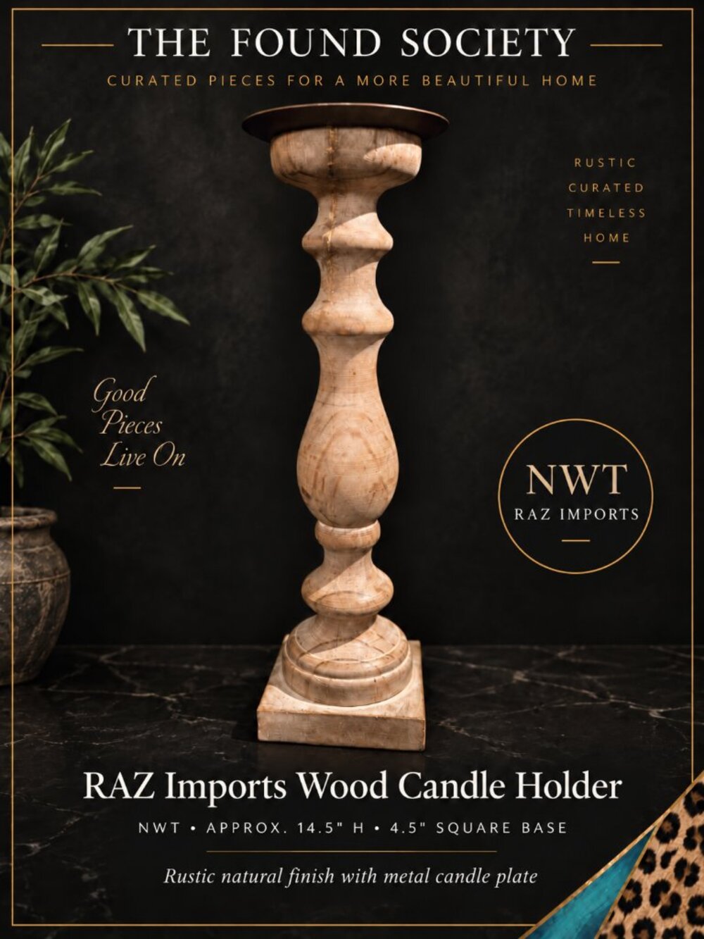 NWT RAZ Imports Distressed Wood Pillar Candle Holder Rustic 14.5"